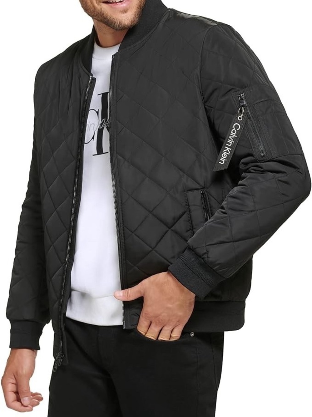 Calvin Klein Black Quilted Bomber Jacket with Branded Sleeve Tag